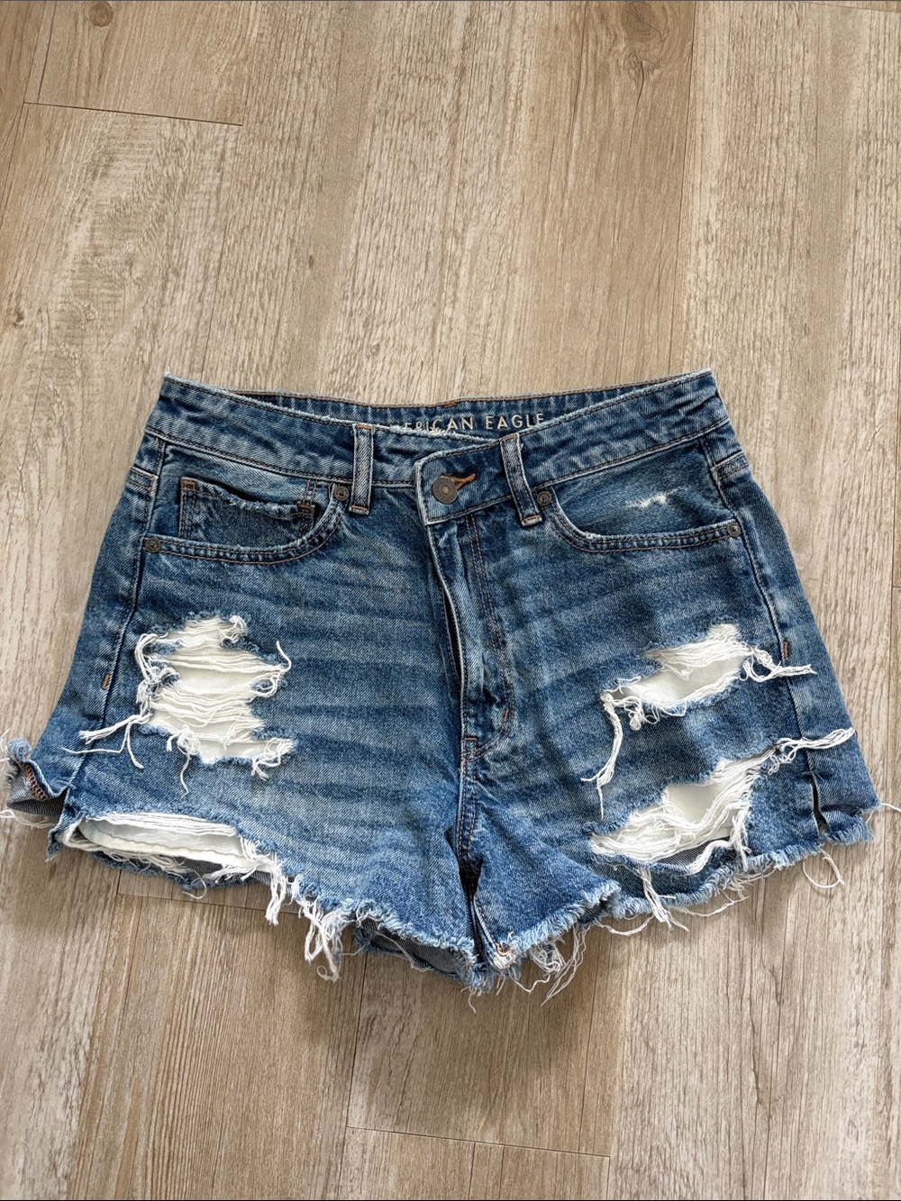 American Eagle Outfitters Distressed Blue Jean Mom Short Cross Over Waist Button